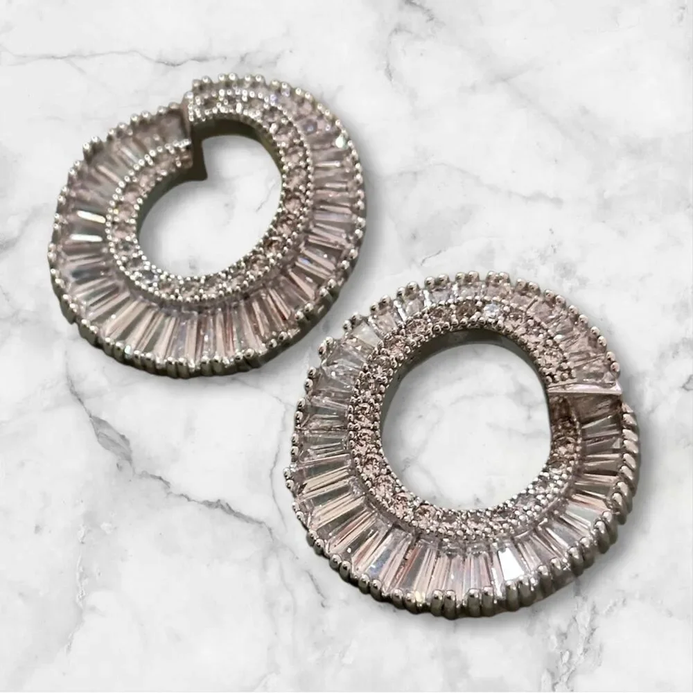 diamonique x Zaxie Earrings Silvertone simulated diamond baguettes